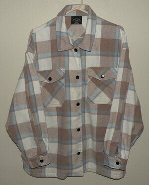 HFX Women’s XL LS Flannel Snap Shirt Jacket Shacket 1% Wool Light Brown Plaid